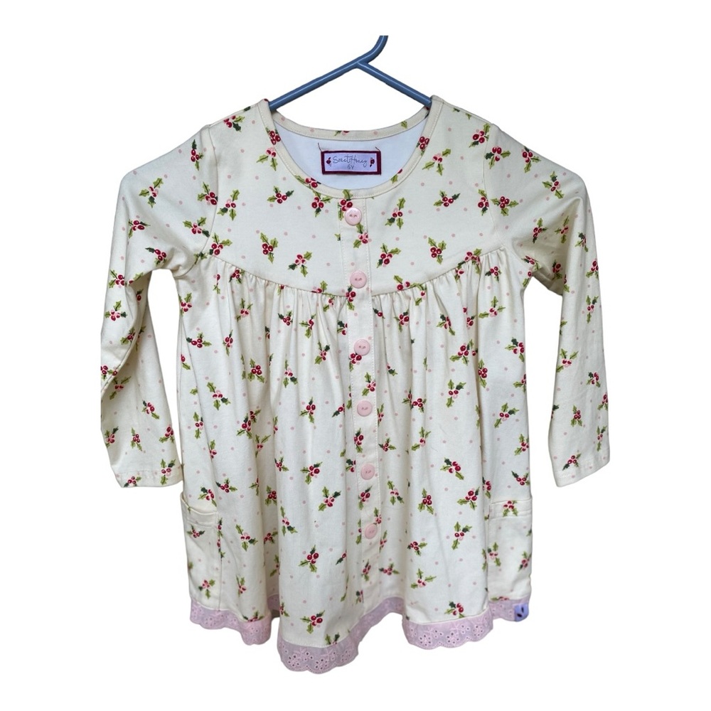 Sweet Honey Christmas Knit Print Holly Berry Pink Lace Edging Size 6Y Dress
